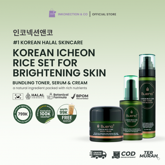 Bundling bueno Icheon Rice Core Full set BONUS LAUNCHING : 1. SAVE Rp 1JUTA during launching period (total Discount 59%) 2. FREE Rose Floral Cleanser 30mL Rp 99.000 3. Get 100K Voucher for next CO Bueno (min. order 300K, Claim after give 5star review) 4. 